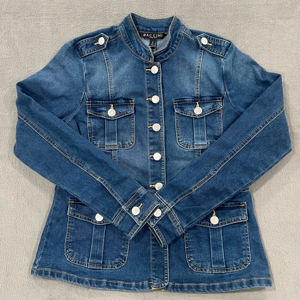 Baccini Military Jean Jacket Womens Blue Button Front Stretch Denim Pockets Sz S